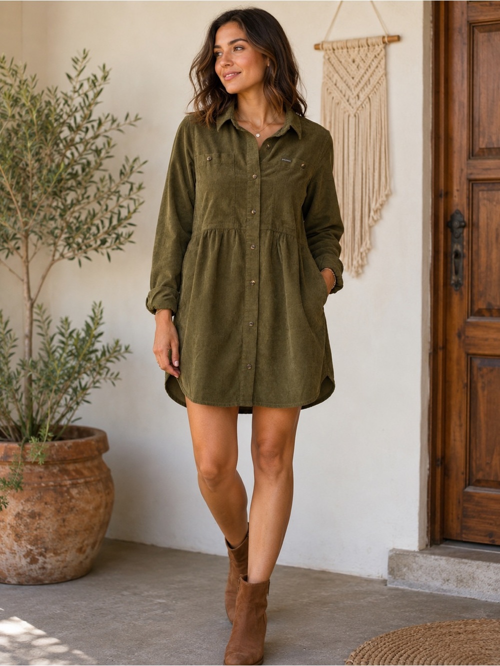 Columbia Olive Corduroy Shirt Dress Utility Cottagecore Outdoorsy Women’s XL